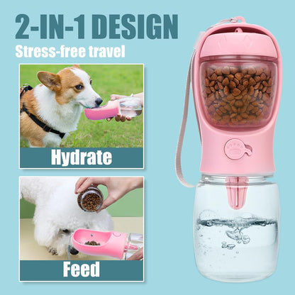 Bestac Portable 2-in-1 Pet Food & Water Feeder Leak-Proof Travel Bowl, Hiking & Walking Pet Water Dispenser (Pink, 350)