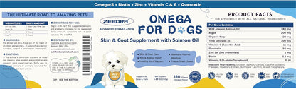 ZEBORA Salmon Oil for Dogs, Omega 3 Fish Oil for Dogs Skin and Coat with EPA & DHA, Zinc, Biotin, Quercetin, Vitamin C & E for Dog Allergy Relief, Hot Spot Treatment, Control Dog Shedding, 180 Chews