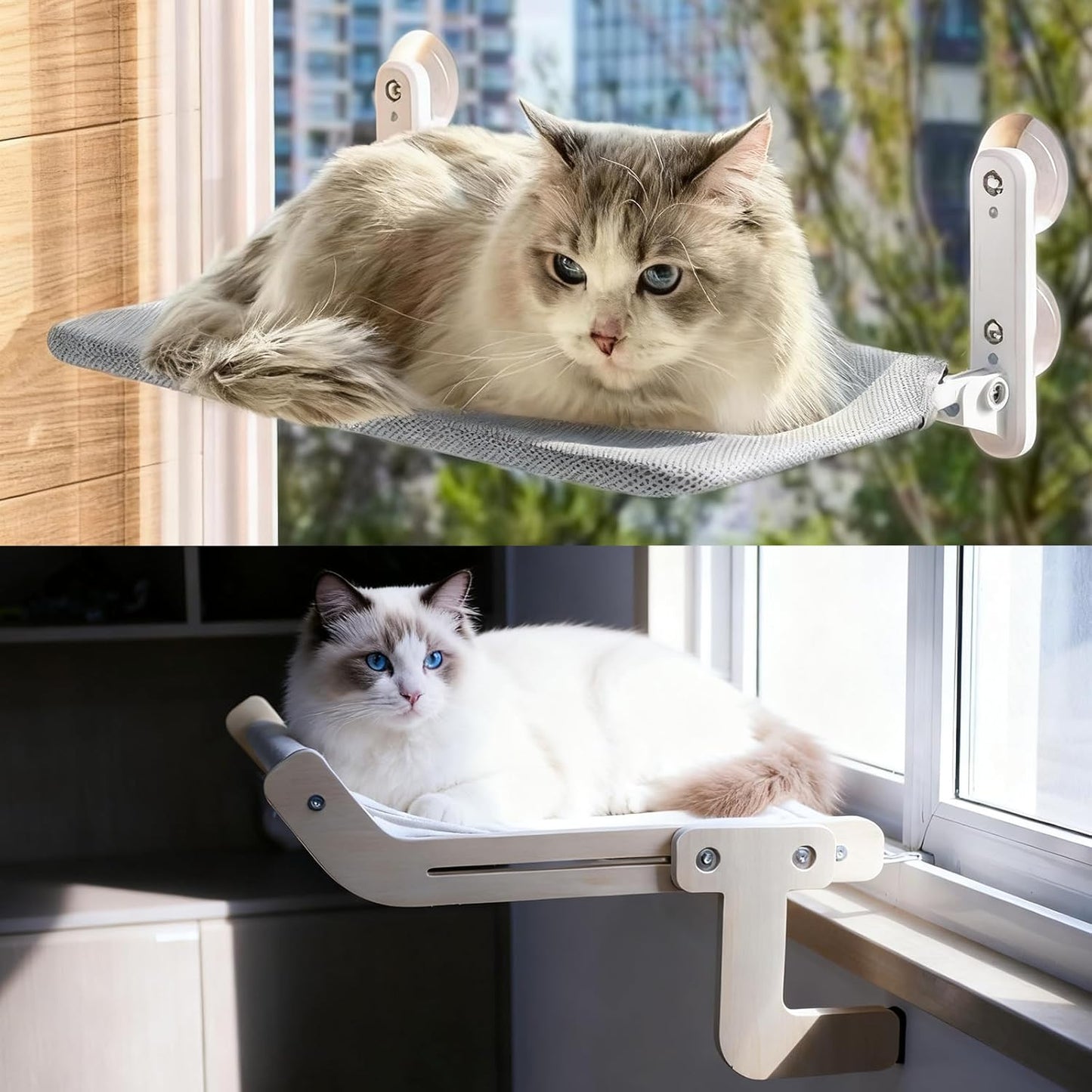 2PC Cat Window Perch Cordless Hammock Bed for Window with Metal Frame and Reversible Cover, Large Suction Cups Window Resting Seat for Indoor Cats (Cat Bed, M-2PC)