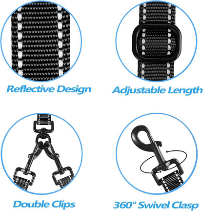 PetBonus Double Dog Leash, No Tangle Dual Leash, Reflective Walking Training Lead, 4 Comfortable Padded Handles for 2 Dogs with Collapsible Bowl and Waste Bags (Black, Large)