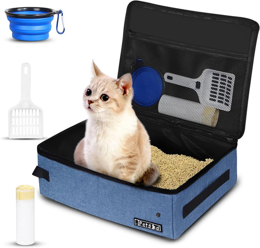 Petskd Portable Cat Travel Litter Box with Lid and 10 pcs Disposable Liner Bags, Leak-Proof and Collapsible, Cat Travel Essentials for Car, Hotel, Airplane and Other Outdoor Use(Blue)