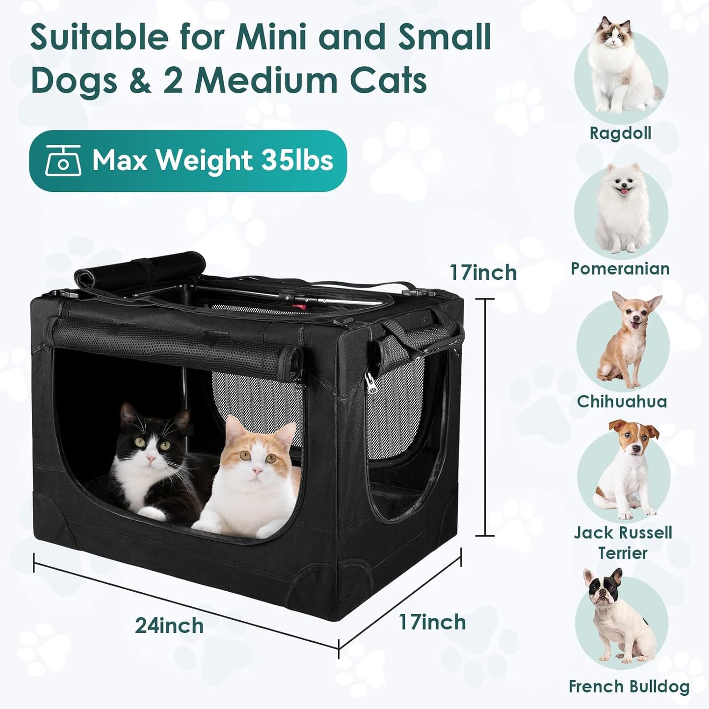 Soft Small Dog Crate - 24 inch Portable Travel Puppy Crate for Small Pets or 2 Cats, Collapsible Pet Carrier with 4 Mesh Doors, Car Kennel for Dogs with Handle for Indoor and Outdoor, Black