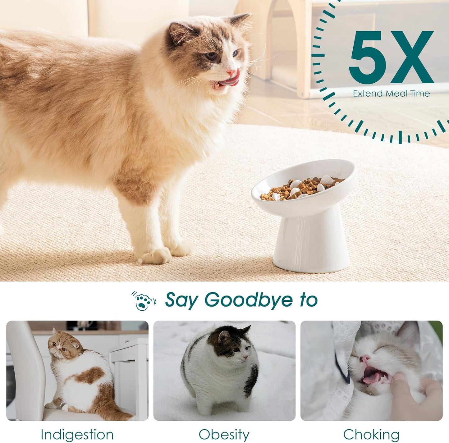 vancasso Ceramic Slow Feeder Cat Bowl, 6.25 Inch Elevated Cat Slow Feeder Bowl, Anti Vomiting for Dry and Wet Food, White