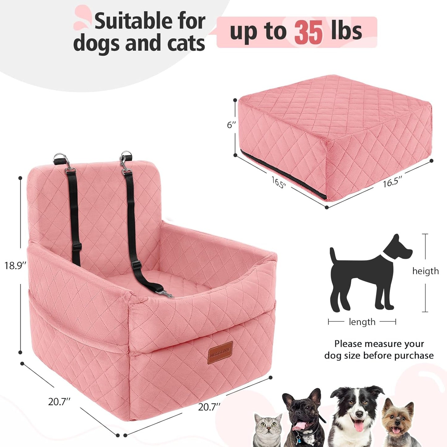 Dog Car Seat for Small Medium Dogs, Memory Foam Puppy Dog Booster Seat with Thick Cushion for Dogs Under 35lbs, Detachable Washable Pet Car Seat Travel Bed with Storage Pockets,2 Safety Belts