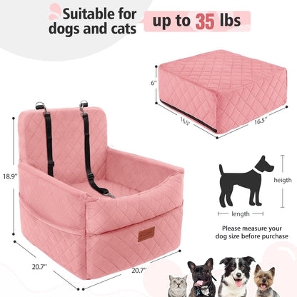 Dog Car Seat for Small Medium Dogs, Memory Foam Puppy Dog Booster Seat with Thick Cushion for Dogs Under 35lbs, Detachable Washable Pet Car Seat Travel Bed with Storage Pockets,2 Safety Belts