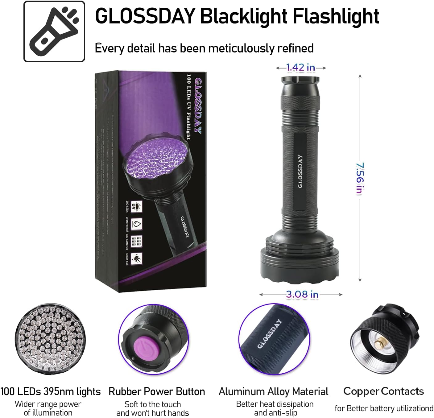 UV Flashlight Black Light, 100 LED Black Light Flashlight for Dog/Cat Pet Detector, Scorpions Finder