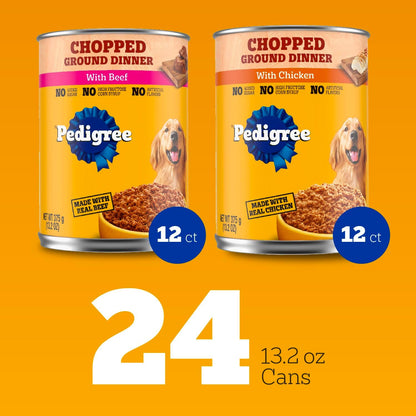 Pedigree Chopped Ground Dinner Wet Dog Food Chicken & Beef Variety Pack, (24) 13.2 oz. Cans