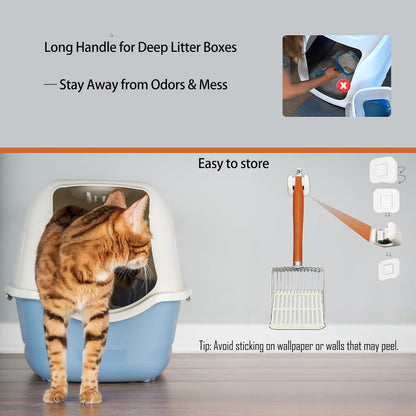 Metal Cat Litter Scoop with Holder, 10.9" Long Oak Handle Stainless Steel Litter Scooper for Deep Litter Boxes (2-in-1 Gap Design)