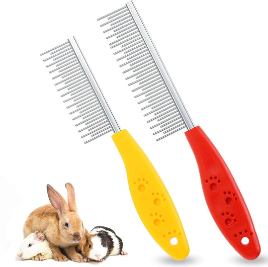 Patelai 2 Pieces Pet Hair Comb Small Pet Grooming Stainless Steel Long and Short Teeth Comb for Small Dog Cat Animals Rabbits Bunny Hamsters Guinea Pigs, Red and Yellow