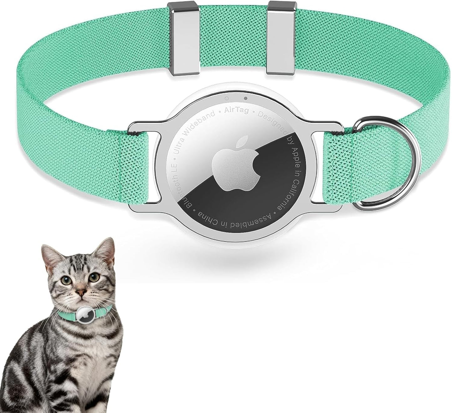 Stretchy AirTag Cat Collar, Cat Collar with Apple Air Tag Holder, Stepless Adjustable GPS Pet Collar for Cats Kittens，Green