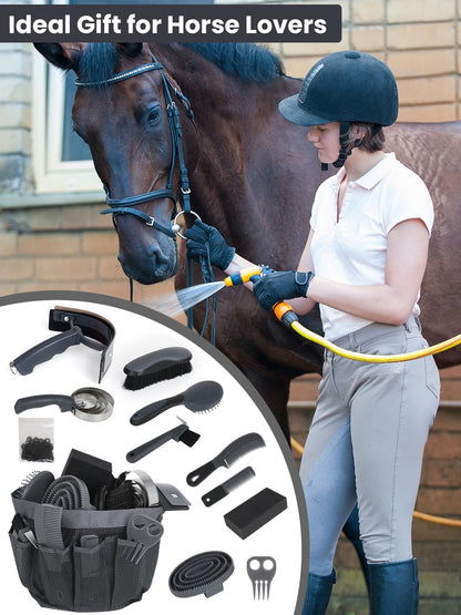 Horse Grooming Kit 12 Pcs – Complete Horse Brushes & Care Supplies Set with Organizer Tote Bag, Equine Coat Grooming Tools, Tack Room Equipment & Gifts for Horse Owners & Lovers