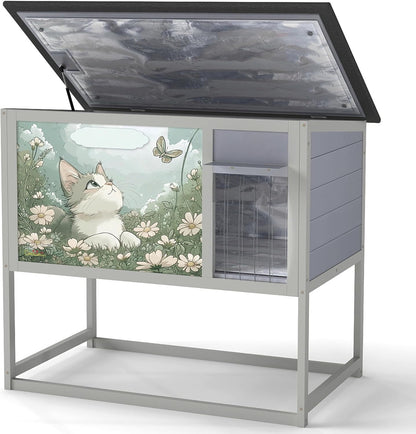 Insulated Warm Outdoor Cat House & Condos, Raised Weatherproof Kitten Shelter for Outside with All-Round Foam, Feral Cat Wooden Enclosure for Small Medium