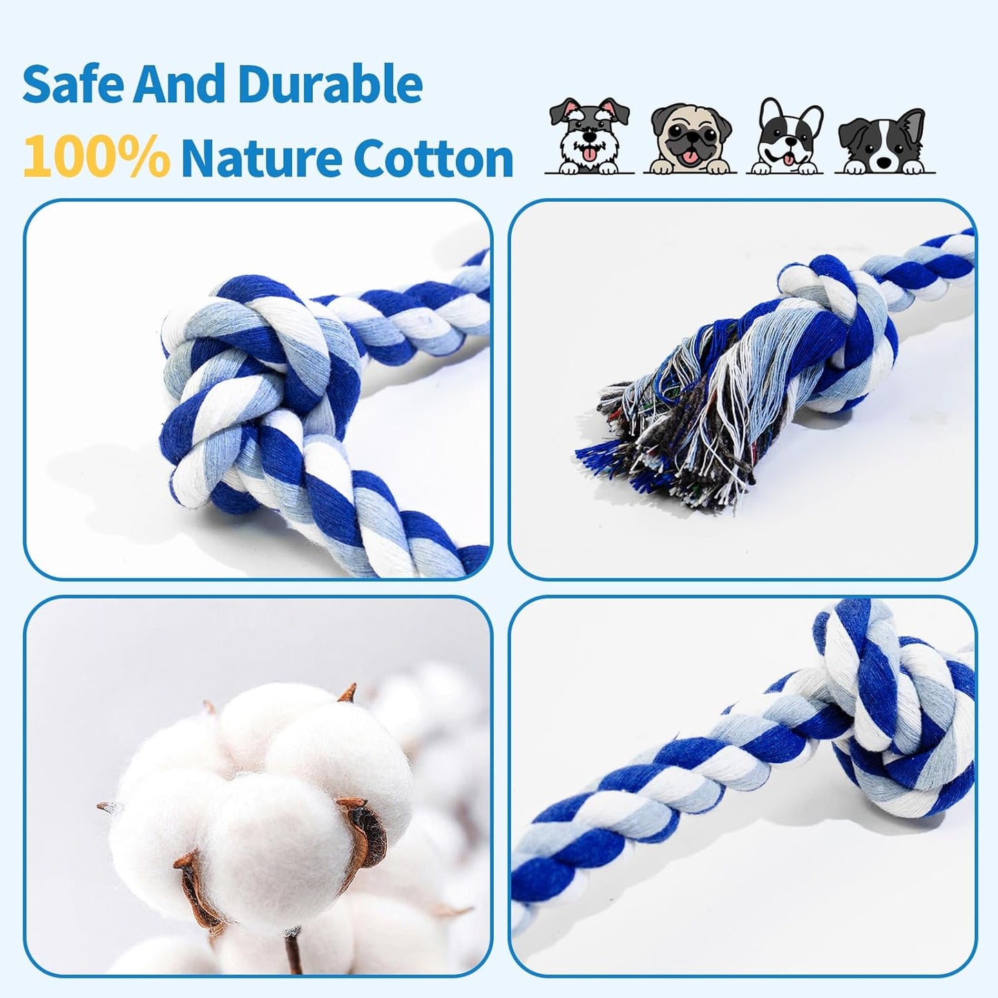 [2 Pack] Dog Rope Toys, Dog Chew Toy for Medium and Small Dogs, 3 Knots Heavy Duty Puppy Rope Toy, 100% Cotton Tug of War Dog Toys for Boredom, Teeth Cleaning