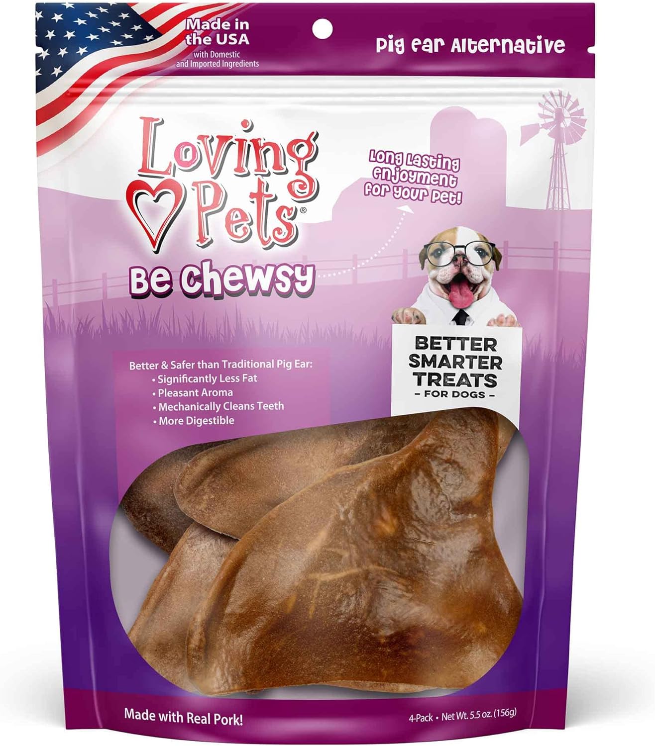 Loving Pets - Be Chewsy Pig Ear Alternative for Dogs Pig Ear Dog Treats for Small, Medium & Large Dogs (4 Pack)