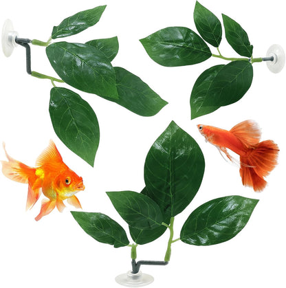 3 Pcs Betta Fish Leaf Hammock, Plastic Betta Leaves with Suction Cups, Betta Fish Leaf Pad Simulating The Natural Habitat for Sleeping Resting Hiding Playing Breeding, Fish Tank Accessories, Green
