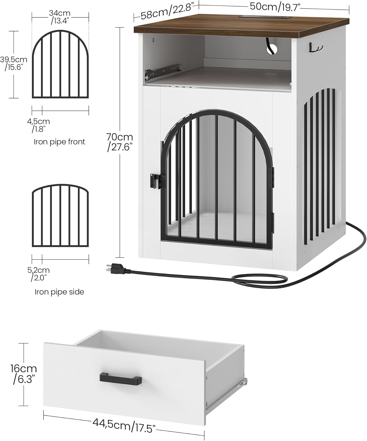 Dog Crate Furniture, Wooden Dog House with Charging Station and Storage Drawer, Indoor Pet Crate End Table for Small Breeds, Dog Kennel for Living Room, Bedroom, White and Walnut MGW01UWL