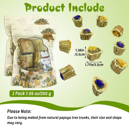 PINVNBY Natural Rabbit Chew Toys Organic Papaya Wood Bunny Treats with Alfalfa Hay and Dried Flower Guniea Pig Molar Snacks for Hamster Chinchilla Gerbil Small Animals Teeth Grinding (7.05 oz/200 g)