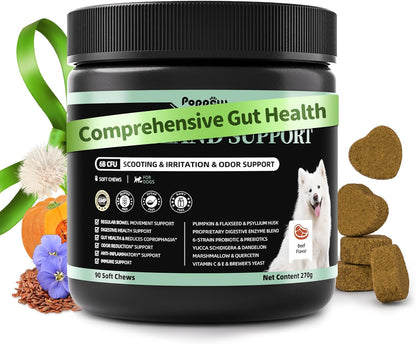 Dog Probiotics & Digestive Enzymes – Pumpkin Fiber Chews for Gut Health, Diarrhea & Upset Stomach Relief, Gas & Stool Support, Beef Flavor Soft Chews – 90 Count