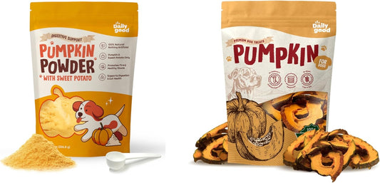 Pumpkin Chips & Powder for Dogs – 100% Natural High Fiber Digestive Support Snack & Supplement, Designed for All Breeds – Grain-Free, Hypoallergenic – Easy to Digest