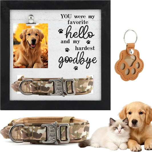 Pet Memorial Picture Frame with Collar Display Holder, Hair Collector Keychain, Remembrance Keepsake Frame for Dogs and Cats, Sympathy Gift for Pet Lovers
