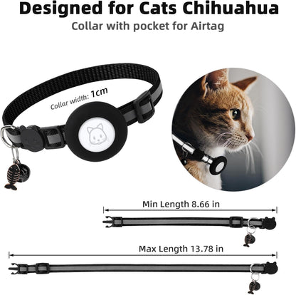 Airtag Cat Collar, Air tag Cat Collar with Bell and Safety Buckle in 3/8" Width, Reflective Collar with Waterproof Airtag Holder Compatible with Apple Airtag for Cat Dog Kitten Puppy (Black)