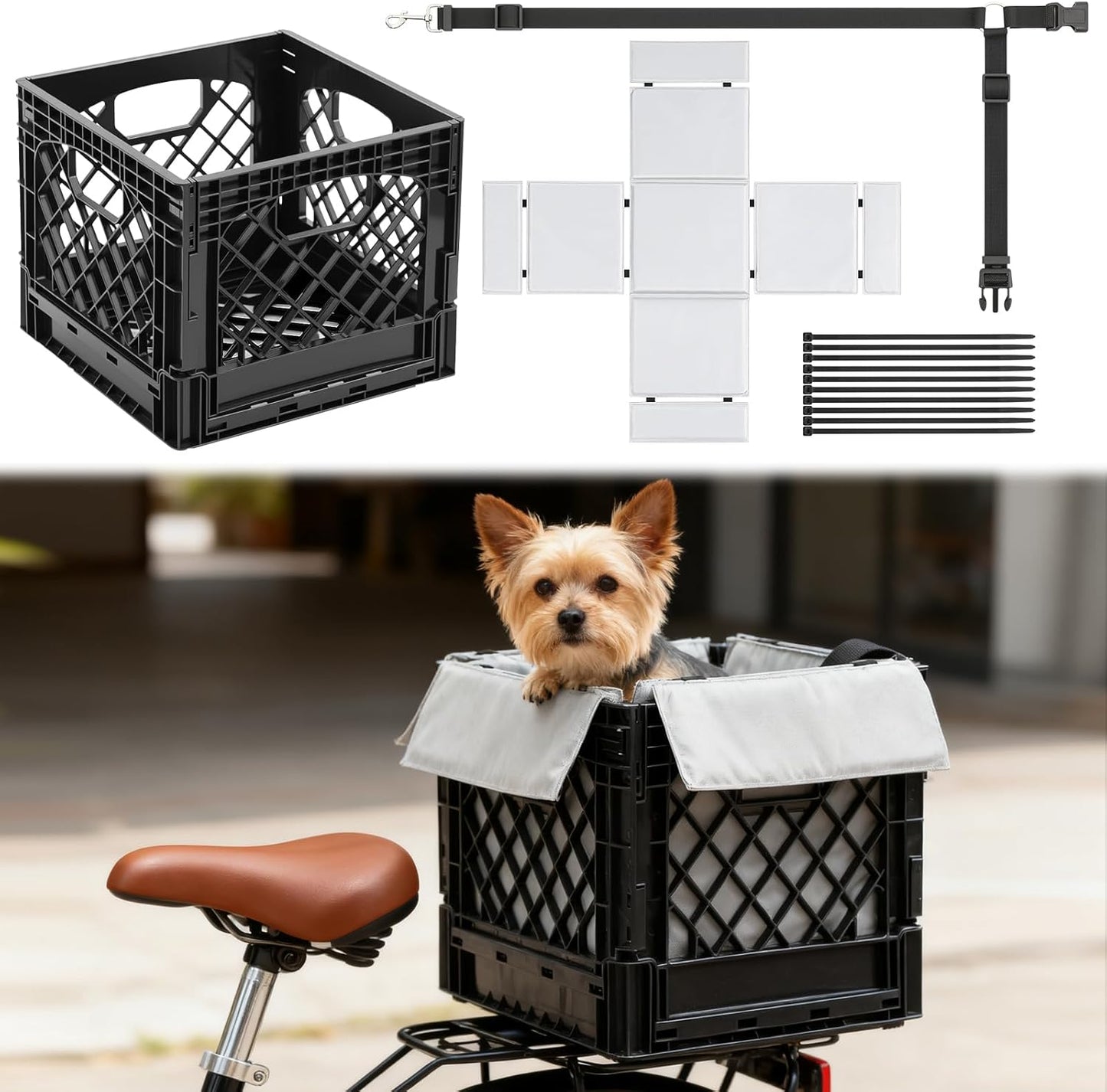 Secure Rear Dog Bike Basket Carrier for Small Dogs up to 15 Lbs, Easy No-Tool Installation with Straps, Waterproof & Comfortable Pet Seat for Most Bicycles