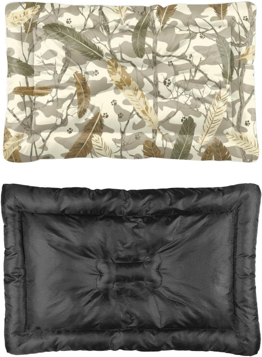 Feathers Paw Print Camouflage Dogbeds for Medium Dogs Kennel Mats for Crates Dog Kennel Pads Crates Dog Crate Beds Washable Non-Slip Bed Crate Small Puppy Bed Mat Car Pillow Indoor Outdoor 24X18 Inch