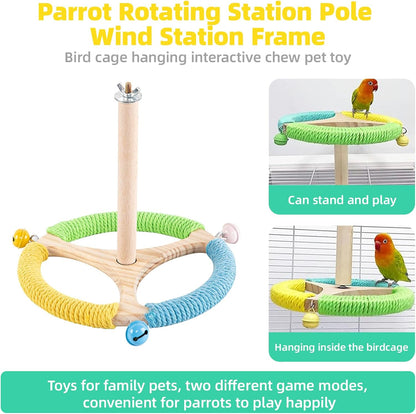 Bird Perch Toy, Interactive Spinning Parakeet Parrot Toys with Chew Toy,360° Silent Free-Spin,for Parrots, Parakeets, Cockatiels, Small to Medium Birds, with Poplar Swing (Round)