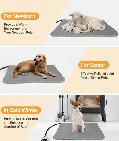 Ringco Large Dog Heating Pad with 12 Adjustable Temperature, Waterproof & Chew Resistant Pet Heating Pad with Timer, Heated Dog Bed with Fleecy Cover (L: 32” x 20”)
