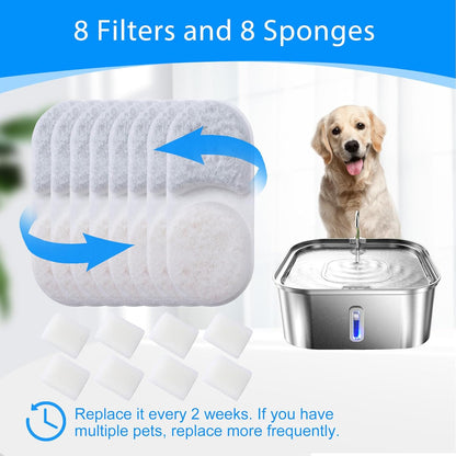 8+8 Pack Large Dog Water Filter Replacement Compatible with MAILOFY 14L/3.7Gal Pet Water Fountain Stainless Steel, 4-Layer Filter System with Activated Carbon for Dog Filtered Water Bowl