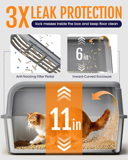 Stainless Steel Cat Litter Box, Metal Kitty Litter Box with Scoop, Anti-Leakage Top Entry, Non-Sticky, Easy to Clean, Grey, S (1 Pack)
