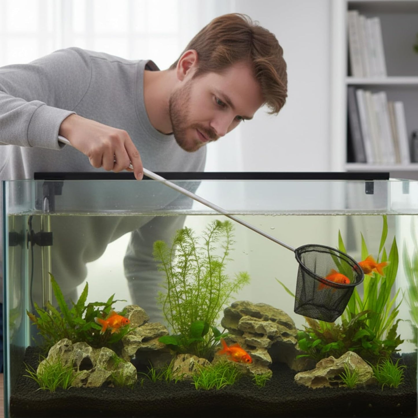 2 Pcs Small Fish Net for Fish Tank, Fishing Tank Net Small with 5-16 Inch Stainless Steel Long Handle Extendable Fine Mesh Aquarium Nets for Fishes Shrimp Pond Creek, 3In 4In