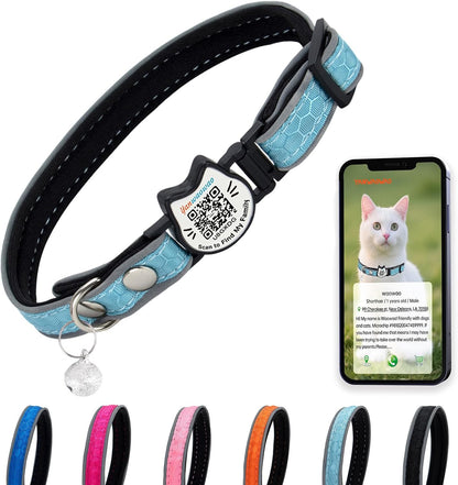 Cat Collar with Bells Reflective Cat Collars Breakaway with Oxford Cloth Soft Padding Adjustable Kitten Collar with QR（CodeCaribbean Blue）