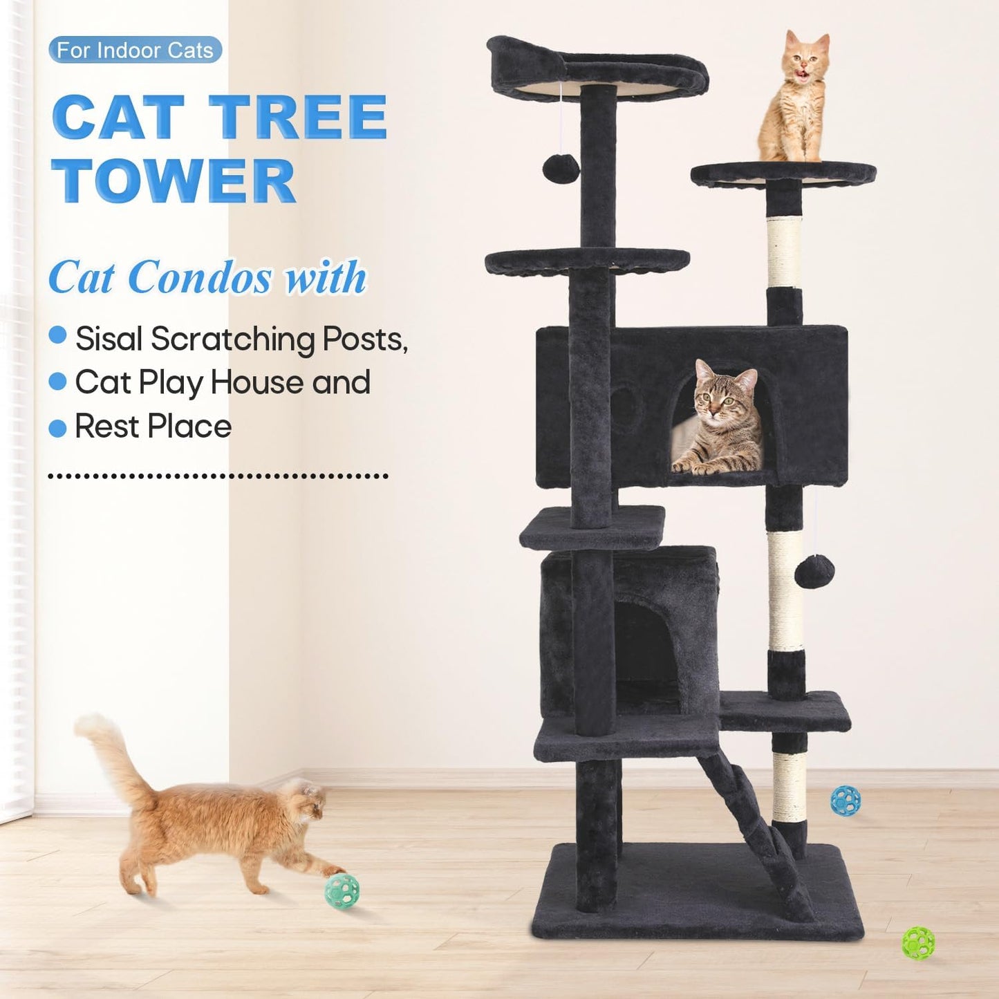 FDW | 54" Cat Tree Tower | Dark Gray | Multi-Level Indoor Activity Center with Sisal Scratching Posts, Condos, Plush Perches, Hanging Cat Toys | Sturdy, Easy to Assemble | for Kittens & Adult Cats