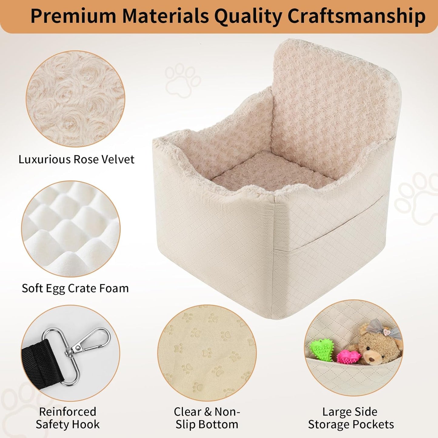 Dog Car Seat for Small Medium Dogs - 6.7inch Elevated Dog Booster Car Seats with Deluxe Rose Plush, Washable Travel Safety Pet Carseat Bed with 2 Safety Belts and Storage Pockets(Beige)