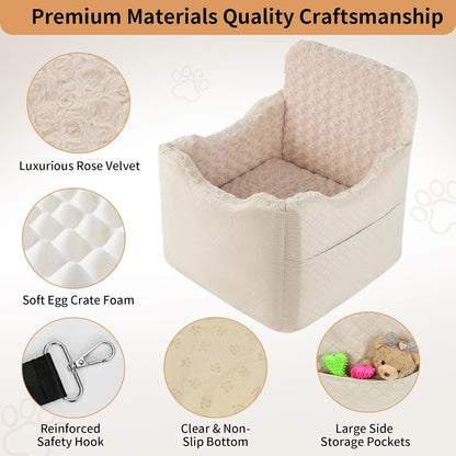 Dog Car Seat for Small Medium Dogs - 6.7inch Elevated Dog Booster Car Seats with Deluxe Rose Plush, Washable Travel Safety Pet Carseat Bed with 2 Safety Belts and Storage Pockets(Beige)