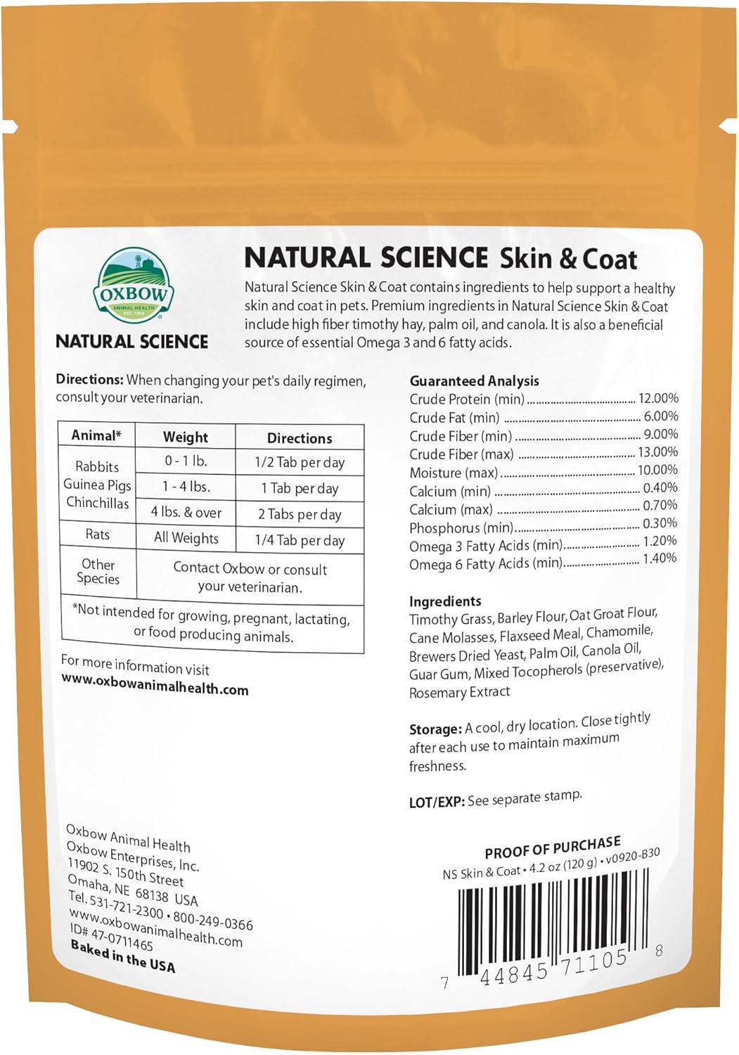 Oxbow Natural Science Skin & Coat Support, Supplement for Rabbit & Guinea Pig, Made with Oxbow Timothy Hay, Includes Palm Oil & Omega 3 & 6 Fatty Acids, Made in USA, 4.2 oz Bag