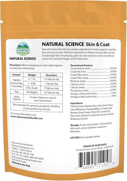 Oxbow Natural Science Skin & Coat Support, Supplement for Rabbit & Guinea Pig, Made with Oxbow Timothy Hay, Includes Palm Oil & Omega 3 & 6 Fatty Acids, Made in USA, 4.2 oz Bag