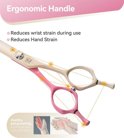 Fenice Peak Curved Dog Grooming Scissors with Coating 440C Stainless Steel, 7 inch Professional Curved Shears Dog Grooming，25 Degree of Curved Blade，Pet Shears for Trimming Face and Paws, Pink & White