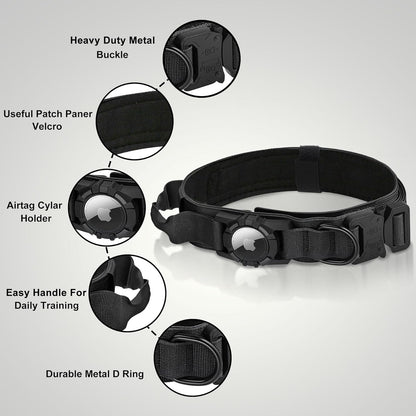 Tactical AirTag Dog Collar Leash Set - Heavy Duty, Adjustable GPS Collar Compatible with Apple AirTag, with Holder & Control Handle for Medium/Large Dogs [ Black, L ]