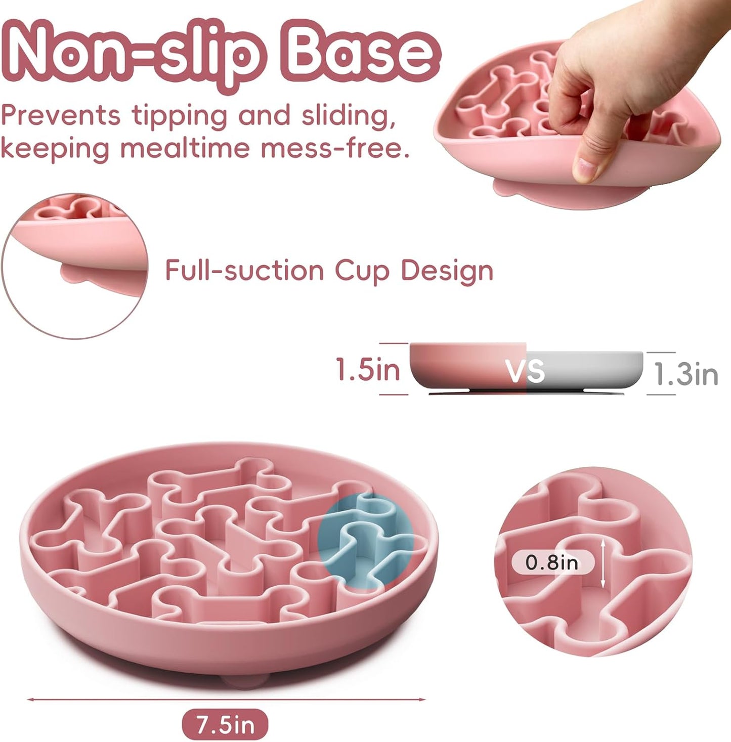 Silicone Slow Feeder Dog Bowl – Pink Bone Pattern | Food-Grade Non-Slip Dog Dish for Anti-Bloat, Fast Eating Prevention, 7.5” x 1.5”, Dishwasher Safe