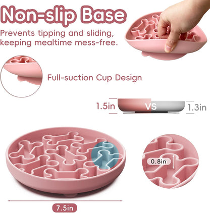 Silicone Slow Feeder Dog Bowl – Pink Bone Pattern | Food-Grade Non-Slip Dog Dish for Anti-Bloat, Fast Eating Prevention, 7.5” x 1.5”, Dishwasher Safe