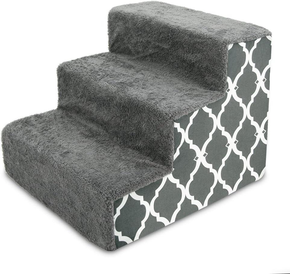 Best Pet Supplies Dog Stairs for Small Dogs & Cats, Foam Pet Steps Portable Ramp for Couch Sofa and High Bed Non-Slip Balanced Indoor Step Support, Paw Safe No Assembly - Gray Lattice Print, 3-Step