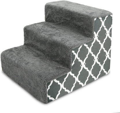 Best Pet Supplies Dog Stairs for Small Dogs & Cats, Foam Pet Steps Portable Ramp for Couch Sofa and High Bed Non-Slip Balanced Indoor Step Support, Paw Safe No Assembly - Gray Lattice Print, 3-Step