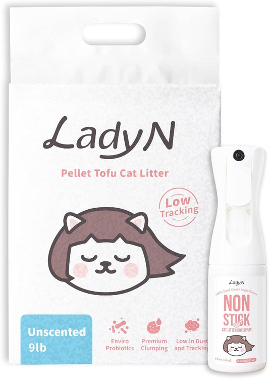 Cat Litter Box Optimizer Set: Non-Stick Spray & Pellet Tofu Litter 9lb - Alcohol-Free, Food Grade Oil, Strong Clumping, Low Tracking