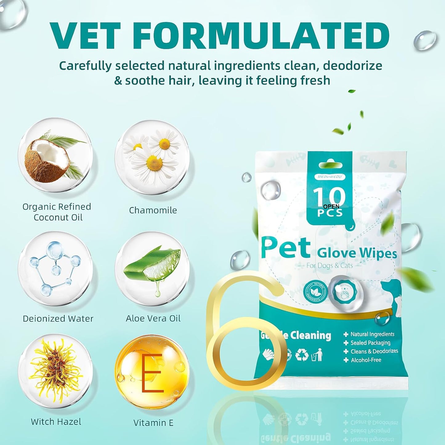 [10 Count] No-Rinse Pet Glove Wipes – 5-Finger Design, Coconut Oil & Aloe, Hypoallergenic Grooming Mitts for Dogs & Cats