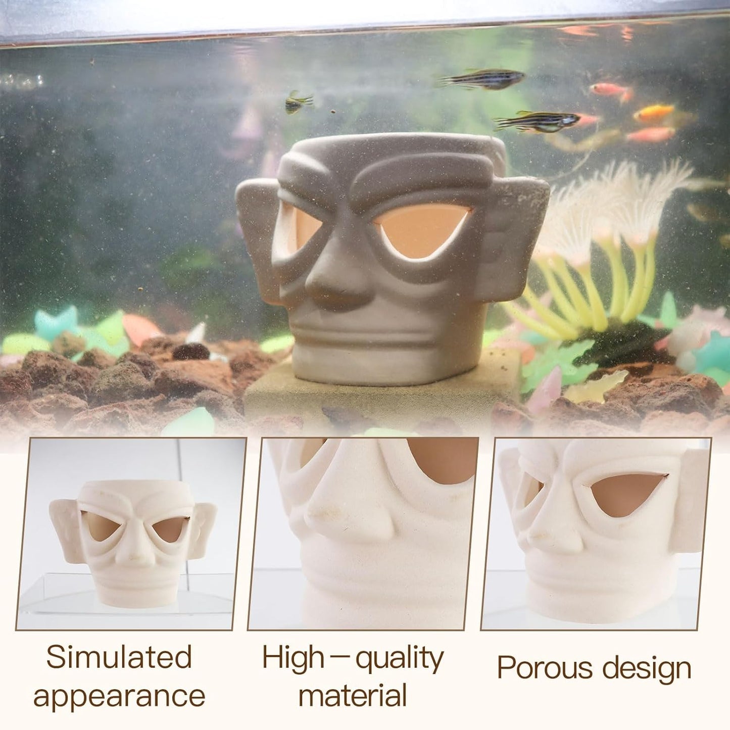 WishLotus Aquarium Cave Ornament, Silence Mask Fish Tank Decorations Hideout Ceramics Aquarium Caves and Hides for Fish Small Playing Breeding and Hiding (B)