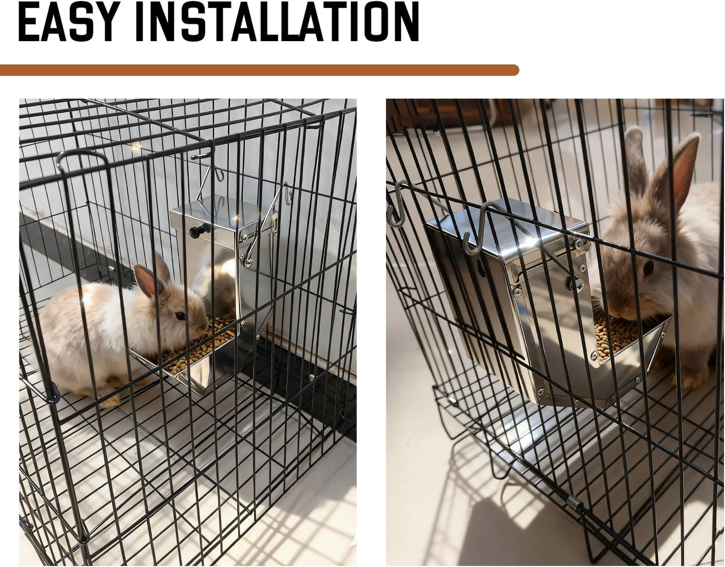 Rabbit Feeder - Small Animal Stainless Steel Gravity Feeding Trough with Lid, Outdoor Durable Cage Feeder Holds Several Days' Food (4 Inch/1.5Lbs)