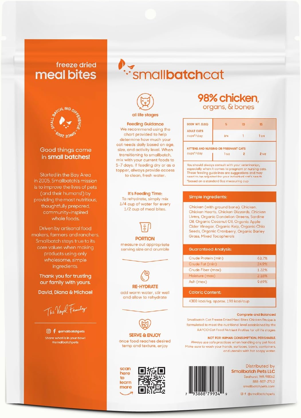 Freeze-Dried Raw Cat Food, Shelf Stable Food Bites, Chicken Recipe, High Protein Meal or Topper for Cats, Humanely Raised Meat, Organic, Non-GMO Produce, Made in The USA, 10oz Bag