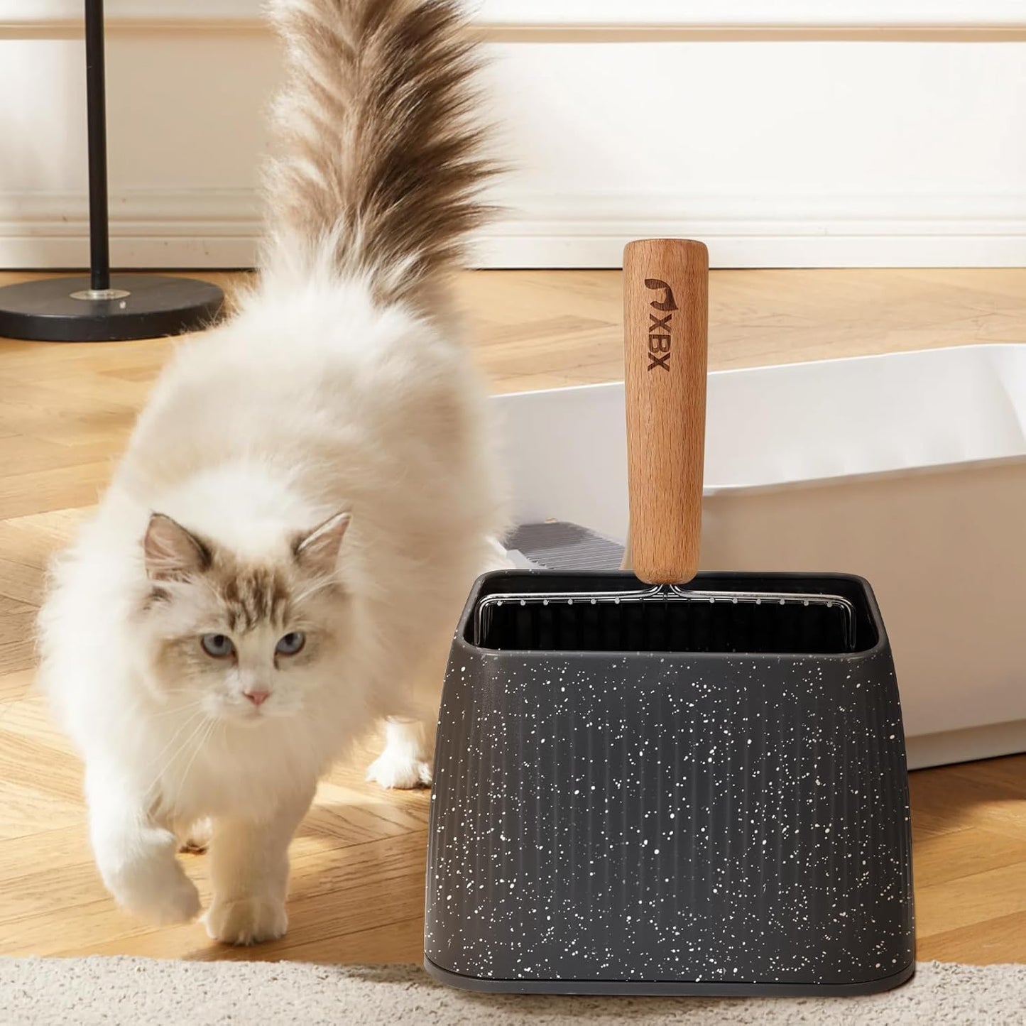 XBX Cat Litter Scoop with Holder, Heavy Duty Litter Sifter, Stainless Steel Litter Shovel, Litter Scooper with Beech Wood Grip and Washable Stand, Perfect for Cat Litter Box Cleaning